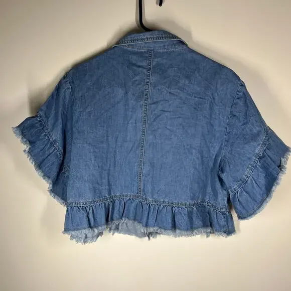 Allegra K Jacket Womens Large Top Layer Lt Wt Denim Cropped Ruffled Jean Frayed - Picture 10 of 12